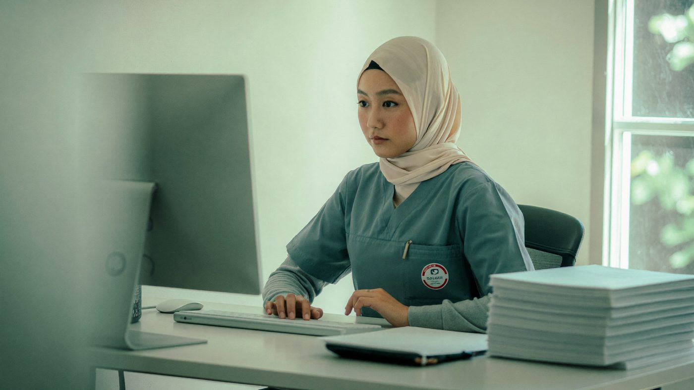 Petugas rekam medis bekerja di ruang kerja klinik