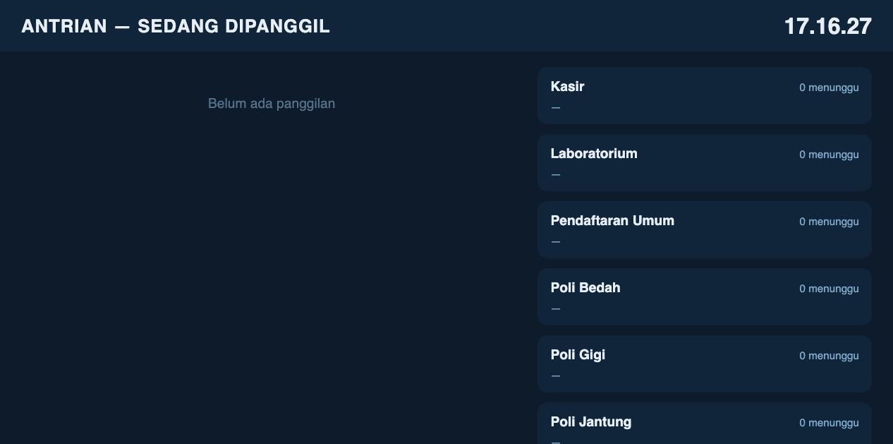 Papan antrian TV per poli/loket dengan panggilan bersuara
