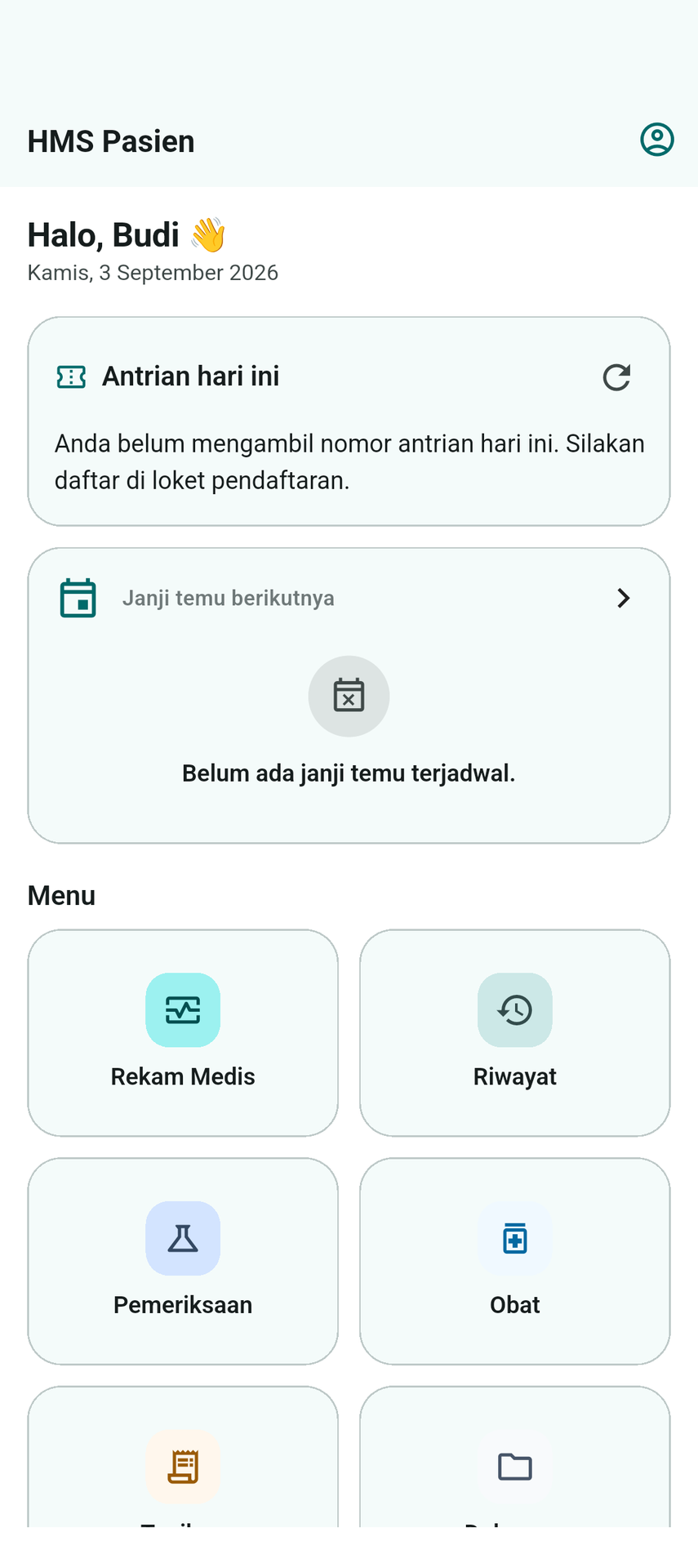App pasien: beranda & antrian