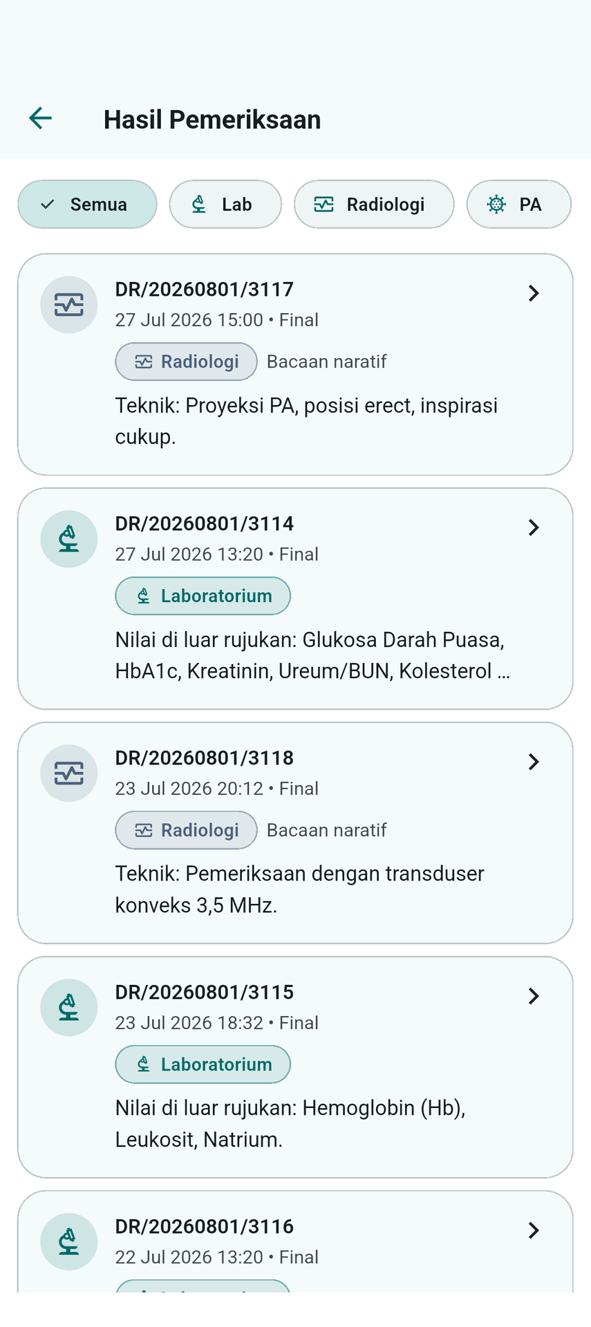 App pasien: hasil lab & radiologi