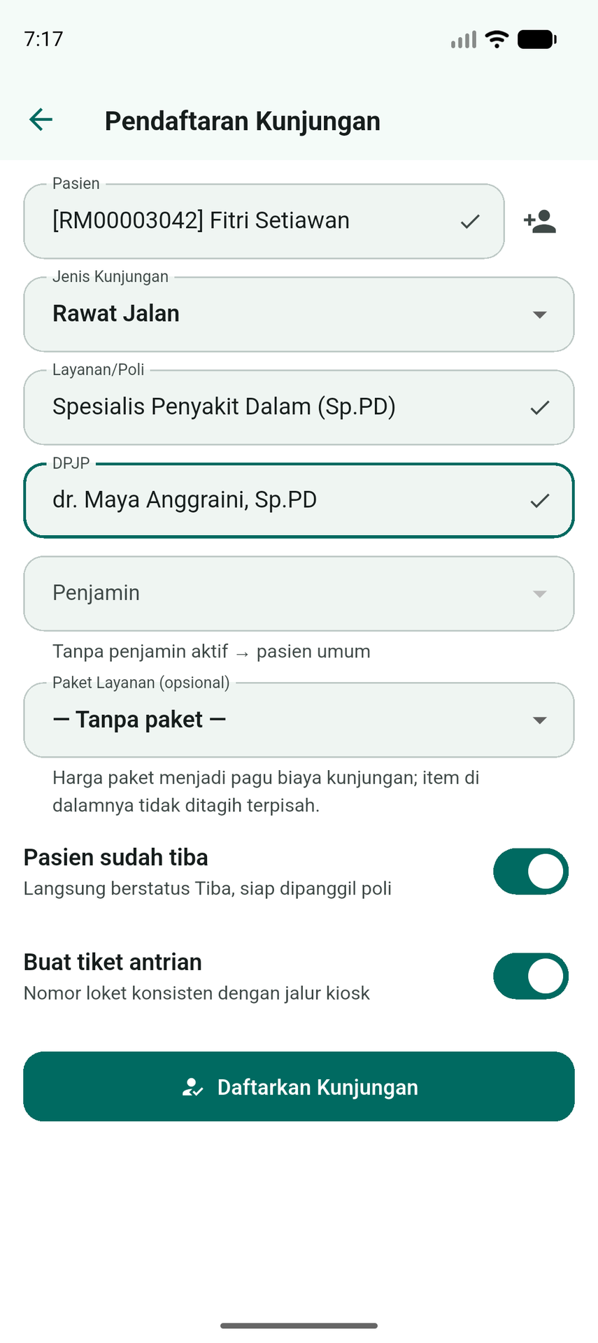 Pendaftaran dari tablet: penjamin & paket layanan dipilih sejak awal