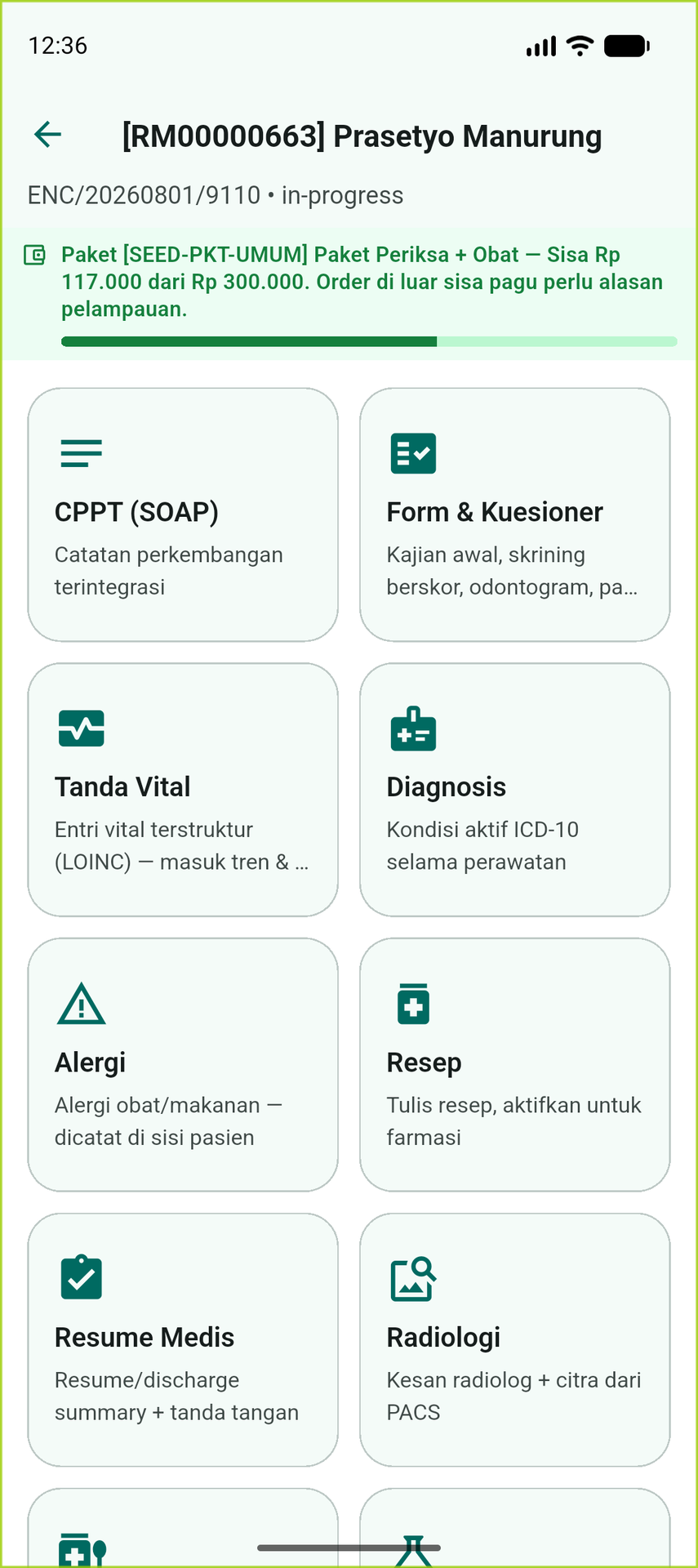 App klinisi: menu klinis kunjungan dengan sisa pagu paket menempel di atas